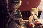  alternate_costume bouquet collarbone contemporary couple dress earrings flower green_eyes hat hug_(yourhug) jewelry long_hair mononobe_no_futo multiple_girls overalls ponytail rose shirt silver_hair smile soga_no_tojiko touhou yuri 