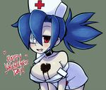  1girl artist_name bad_id bad_pixiv_id blue_hair breasts chocolate chocolate_heart choker cleavage english eyepatch face_mask gias-ex-machella happy_valentine hat heart large_breasts mask melting namesake nurse nurse_cap off_shoulder open_mouth pale_skin red_eyes scar simple_background skullgirls smile solo valentine valentine_(skullgirls) 