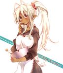  aki_(prdx85) antenna_hair apron bad_id bad_pixiv_id blush chocolate chocolate_on_face dark_elf dark_skin elf food food_on_face happy_valentine long_hair orange_eyes pointy_ears ponytail sansei_muramasa solo soukou_akki_muramasa valentine white_hair 