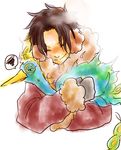  2boys animal bird blue_fire carry carrying chocco924 earmuffs fire freckles gloves jacket male male_focus marco multiple_boys one_piece phoenix portgas_d_ace smile whitebeard_pirates 