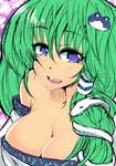  bare_shoulders blue_eyes blush breasts cleavage green_hair hair_ornament kochiya_sanae large_breasts long_hair looking_at_viewer md5_mismatch open_mouth sketch smile solo touhou wakura_(gcdan) 