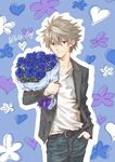  bouquet casual flower male_focus mc nagisa_kaworu neon_genesis_evangelion red_eyes smile solo white_day white_hair 