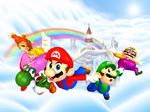  3d 90s castle donkey_kong flying luigi mario mario_(series) mario_party nintendo official_art princess_peach rainbow super_mario_bros. wario yoshi 