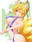  animal_ears bare_shoulders blonde_hair blush breast_press breast_rest breasts brown_eyes cleavage collarbone fox_ears fox_tail heart highres john_(nakoto) large_breasts looking_at_viewer multiple_tails one_eye_closed open_mouth short_hair slingshot_swimsuit smile solo swimsuit tail touhou yakumo_ran yellow_eyes 