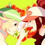  artist_request baseball_cap bel_(pokemon) beret blonde_hair brown_hair closed_eyes feeding food fruit green_eyes hat heart multiple_girls non-web_source pokemon pokemon_(game) pokemon_bw profile strawberry touko_(pokemon) yuri 