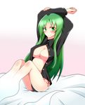  bed black_panties black_shirt blush breasts cameltoe dress_shirt ghost_tail green_eyes green_hair hamiyun highres large_breasts long_hair mima no_bra no_hat no_headwear panties shirt smile solo touhou touhou_(pc-98) underboob underwear 