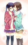  black_hair black_legwear brown_hair closed_eyes coat collarbone couple gift hand_on_another's_head heart highres hirasawa_yui k-on! multiple_girls nakano_azusa open_mouth saya_(ccmkk54) skirt smile sweatshirt thighhighs twintails valentine yuri zettai_ryouiki 