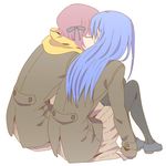  amami_haruka blue_hair brown_hair closed_eyes coat fio88 hair_ribbon idolmaster idolmaster_(classic) kisaragi_chihaya kiss long_hair multiple_girls pantyhose ribbon skirt yuri 