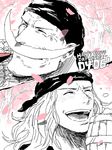  1boy bandanna birthday cherry_blossom cherry_blossoms drinking dual_persona edward_newgate facial_hair long_hair male male_focus mono_(caoton) monochrome mustache one_piece petals pink pixiv_thumbnail resized samui_(artist) smile solo spot_color young younger 