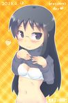  black_eyes black_hair blush bra breasts cleavage glasses groin heart heart-shaped_pupils highres hips kazuboh light_smile long_hair long_sleeves minakami_mai navel nichijou no_pants panties plaid plaid_background shirt_lift small_breasts solo sweater symbol-shaped_pupils underwear yellow_background 