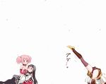  acrobatics akemi_homura black_hair black_legwear black_panties blonde_hair blush drill_hair hairband kaname_madoka long_hair magical_girl mahou_shoujo_madoka_magica multiple_girls panties pantyhose pink_hair purple_eyes short_hair short_twintails teri_terio thighhighs tomoe_mami twintails underwear 