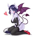  black_bra black_legwear blue_eyes blue_hair bra breasts cleavage defense_of_the_ancients demon_girl demon_tail demon_wings dota_2 elbow_gloves facial_mark full_body garter_belt gloves high_heels horns kneeling lanaya large_breasts long_hair looking_at_viewer pas_(paxiti) ponytail purple_skin shoes simple_background smile solo tail thighhighs underwear white_background wings 