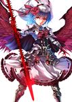  adapted_costume armor armored_dress ascot bat_wings blue_hair blush curiosities_of_lotus_asia dress faulds gauntlets greaves hat hat_ribbon highres karlwolf lavender_hair ornate_clothing pauldrons red_eyes remilia_scarlet ribbon short_hair simple_background skirt skirt_set smile solo spear_the_gungnir touhou weapon white_background wings 