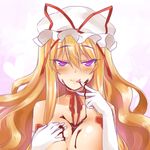  :p blonde_hair blush breasts chocolate chocolate_on_face choker elbow_gloves food food_on_face gloves hat hat_ribbon large_breasts lips messy naughty_face nude okitakung purple_eyes ribbon smile solo tongue tongue_out touhou white_gloves yakumo_yukari 
