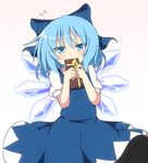  blue_dress blue_eyes blue_hair blush bow box cirno covering_mouth do_(4-rt) dress gift gift_box gradient gradient_background hair_bow ice ice_wings looking_at_viewer puffy_sleeves shirt short_sleeves solo touhou valentine wings 