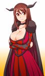  breasts brown_hair cape choker cleavage crossed_arms dress fur_trim horns huge_breasts long_hair maou_(maoyuu) maoyuu_maou_yuusha red_eyes smile solo soubee1 