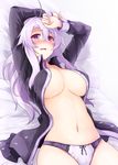  ahoge arms_up blush bow bow_panties breasts covered_nipples cu-no hisenkaede large_breasts long_hair looking_at_viewer lying navel no_bra official_art on_back open_clothes open_mouth open_shirt panties purple_eyes purple_hair purple_panties shirt solo underwear white_hair yayoi_sakura 