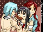  akemi_homura black_hair blue_eyes blue_hair blush casual chocolate feeding force_feeding grin hairband happy_valentine hood hoodie long_hair mahou_shoujo_madoka_magica md5_mismatch miki_sayaka multiple_girls no_pupils nonone_(the9thxsheep) red_eyes red_hair sakura_kyouko school_uniform short_hair smile valentine wrist_grab 