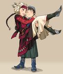  1girl age_difference amira blush boots carrying closed_eyes couple full_body head_scarf hetero husband_and_wife karluk otoyomegatari princess_carry simple_background standing striped torii_seiji vertical_stripes 