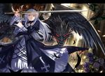  \m/ black_wings cross dragon dress feathers flower frills gothic_lolita hairband inverted_cross letterboxed lolita_fashion long_hair open_mouth red_eyes rose rozen_maiden sharp_teeth smile solo suigintou sword teeth ultimate_asuka weapon white_hair wings 