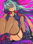  blue_hair boots breasts cleavage eroe fishnet_legwear fishnets garter_straps gloves green_eyes hat junketsu_duelion large_breasts long_hair original sitting solo thighhighs veil 