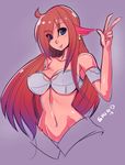  ahoge animal_ears armlet blue_eyes breasts brown_hair cleavage copyright_request earrings groin hair_over_one_eye jewelry large_breasts lips long_hair navel no_legs o-ring o-ring_top sho-n-d smile solo upper_body v very_long_hair 