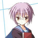  bangs blush book flat_chest glasses kita_high_school_uniform looking_at_viewer lowres nagato_yuki purple_hair school_uniform serafuku short_hair simple_background solo suzumiya_haruhi_no_yuuutsu white_background yuyi 