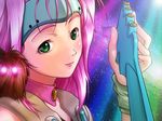  1girl 90s bass_guitar choker firopito green_eyes guvava headgear instrument lips macross macross_7 mylene_jenius pet pink_hair science_fiction solo star_(sky) 