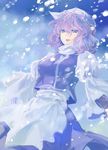  blue_eyes hat letty_whiterock open_mouth purple_hair short_hair snowing solo tomobe_kinuko touhou 