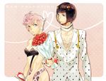  1girl bad_id bad_pixiv_id black_hair blue_eyes bob_cut bouquet bruno_buccellati flower hair_ornament heart ioko jojo_no_kimyou_na_bouken midriff pink_hair red_flower red_rose rose short_hair trish_una vento_aureo 