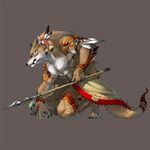  anthro biceps black_claws bodypaint brown_fur canine claws clothed clothing feathers fur gompriest green_eyes grey_background half-dressed kneeling male mammal muscles pecs piercing plain_background polearm solo spear topless tribal warrior weapon white_fur wolf 