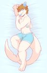  2017 anthro bed blue_eyes clothed clothing fish front_view fur gills hair hand_behind_head hybrid jeanx lucky_(jeanx) lying male marine on_back partially_clothed shark short_hair solo tongue tongue_out underwear white_fur 