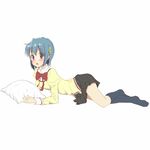  :o blue_eyes blue_hair hair_ornament hairclip lying mahou_shoujo_madoka_magica miki_sayaka pillow school_uniform short_hair simple_background solo white_background yomikakinigoumeshi 