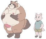  00murice 2019 anthro balls belly canine clothing dog duo erection eyes_closed humanoid_hands male mammal moobs navel nipples overweight overweight_male penis shirt short simple_background tanuki white_background young 