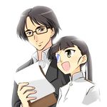  1girl :d backlighting bad_id bad_pixiv_id clipboard eyepatch glasses height_difference miyafuji_ichirou open_mouth sakamoto_mio sayu_(mio-mosa) smile strike_witches white_background world_witches_series 