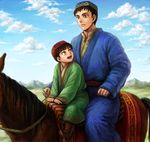  animal brown_hair cloud day father_and_son hat horse looking_at_another male_focus mountain multiple_boys multiple_riders otoyomegatari riding satou_toshio_(suisuisuisui) sky tokcan yusuf 