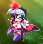  arm_support between_breasts black_hair blue_eyes breasts cape fingerless_gloves from_above glasses gloves grass heart heartseeker_vayne highres kneeling large_breasts league_of_legends popped_collar rokugatsu_no_usagi shauna_vayne short_hair solo striped striped_legwear thighhighs valentine 