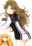  ass bad_id bad_pixiv_id blonde_hair brown_eyes brown_hair langod long_hair multiple_girls national_shin_ooshima_school_uniform school_uniform shinomiya_himawari short_shorts shorts vividred_operation vividyellow yellow_eyes 