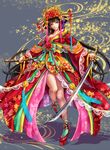  black_hair blue_eyes breasts daphne_zhang earrings flower hair_flower hair_ornament hair_rings hair_stick headdress highres jewelry lace long_hair medium_breasts multicolored multicolored_eyes obi original pink_eyes sash sheath solo sword tassel very_long_hair weapon 