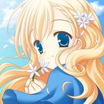  blonde_hair blue_eyes blush cloud day flower long_hair lowres original sky smile solo yuyi 