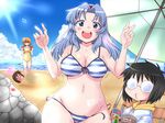  2girls beach bikini blue_eyes blue_hair brown_hair day glasses kotoura-san kotoura_haruka long_hair lying manabe_yoshihisa meta mifune_yuriko multiple_boys multiple_girls muroto_daichi o3o orange_hair parasol sako_(bosscoffee) short_hair side-tie_bikini striped striped_bikini striped_swimsuit swimsuit umbrella wardrobe_malfunction wide_hips 