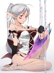  ankle_lace-up arm_support azara_(haiiro_kuzira) bad_id bad_pixiv_id bare_shoulders barefoot barefoot_sandals breasts cleavage copyright_request cross-laced_footwear dark_elf dark_skin elf fingerless_gloves gloves highres jewelry large_breasts long_hair necklace pointy_ears ponytail purple_eyes silver_hair sitting 