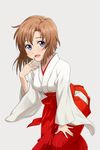  blue_eyes finger_to_mouth grey_background higurashi_no_naku_koro_ni japanese_clothes leaning_forward long_sleeves looking_at_viewer miko open_mouth orange_hair ryuuguu_rena short_hair simple_background solo standing yachiwo 