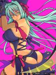  ass back bare_shoulders blue_hair breasts cleavage eroe gloves hat junketsu_duelion large_breasts long_hair original ribbon smile solo underwear yellow_eyes 