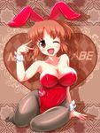  ;d abe_nana absurdres animal_ears breasts brown_eyes brown_hair bunny_ears bunnysuit chuuten_(clam_chowder) cleavage covered_navel fishnet_pantyhose fishnets highres idolmaster idolmaster_cinderella_girls large_breasts one_eye_closed open_mouth pantyhose ponytail short_hair smile v wrist_cuffs 