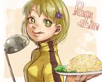  blonde_hair bruce_lee's_jumpsuit flower food food_on_face fried_rice green_eyes hair_flower hair_ornament hairclip huang_baoling ladle licking_lips m-929 short_hair solo tiger_&amp;_bunny tongue tongue_out 
