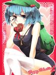  backpack bad_id bad_pixiv_id bag blue_eyes blue_hair breasts chocolate chocolate_heart food_in_mouth hair_bobbles hair_ornament happy_valentine hat heart kawashiro_nitori key medium_breasts one-piece_swimsuit sayuma school_swimsuit short_hair sitting solo swimsuit thighhighs touhou two_side_up valentine white_legwear 