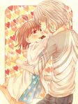  1girl accelerator brown_eyes brown_hair chocolate chocolate_heart dress eye_contact heart hug last_order looking_at_another mouth_hold reimei_(1988) shirt short_hair striped striped_shirt to_aru_majutsu_no_index white_hair 