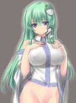  bare_shoulders blue_eyes blush bottomless breast_suppress breasts detached_sleeves frog_hair_ornament green_hair grey_background groin hair_ornament hair_tubes hayama_kazusa kochiya_sanae large_breasts long_hair simple_background sketch smile snake_hair_ornament solo touhou wide_sleeves 