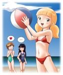  3girls atsuko_(inspector_gadget) ball beach beachball bikini black_hair blonde_hair blue_swimsuit casual_one-piece_swimsuit character_request child cloud dic_entertainment eyes_closed friends green_eyes green_swimsuit inspector_gadget long_hair looking_at_viewer multiple_girls ocean one-piece_swimsuit open_mouth outdoors penny_(inspector_gadget) red_bikini red_swimsuit school_swimsuit short_hair sky speech_bubble spoken_ellipsis spoken_heart strapless_one-piece_swimsuit swimsuit volleyball zackmolis 